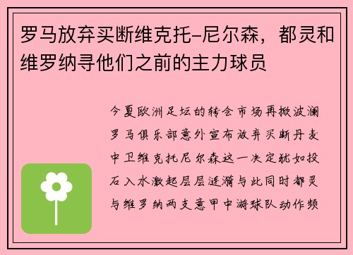 罗马放弃买断维克托-尼尔森，都灵和维罗纳寻他们之前的主力球员